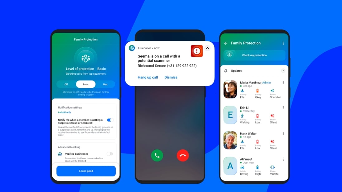 Truecaller com sistema de identificação de chamadas de spam em familiares