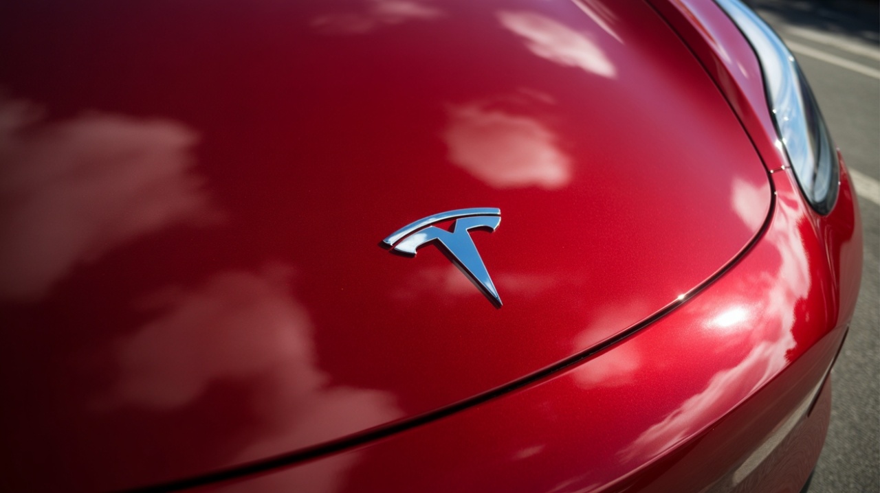 Frontal de um Tesla com logo em destaque