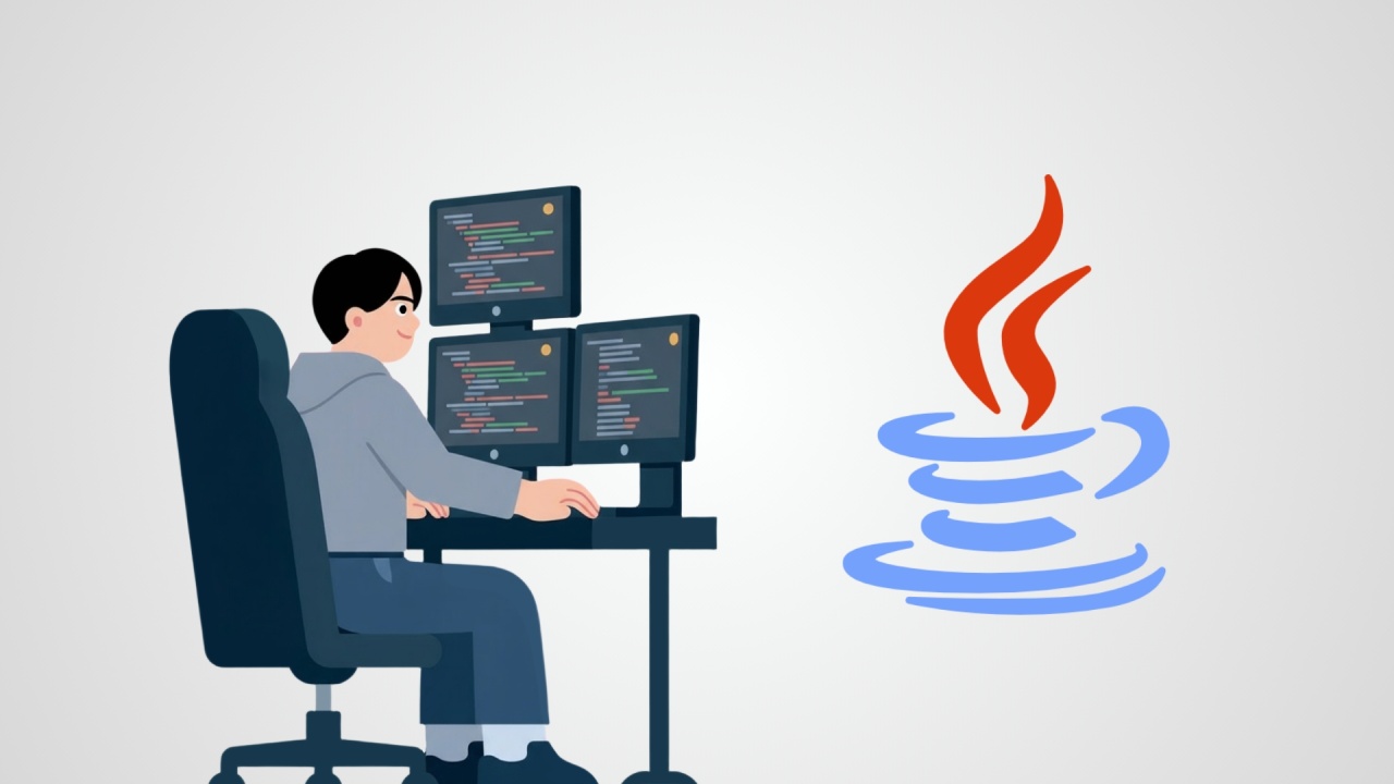 Java nova versão com programador em computador e logo da plataforma