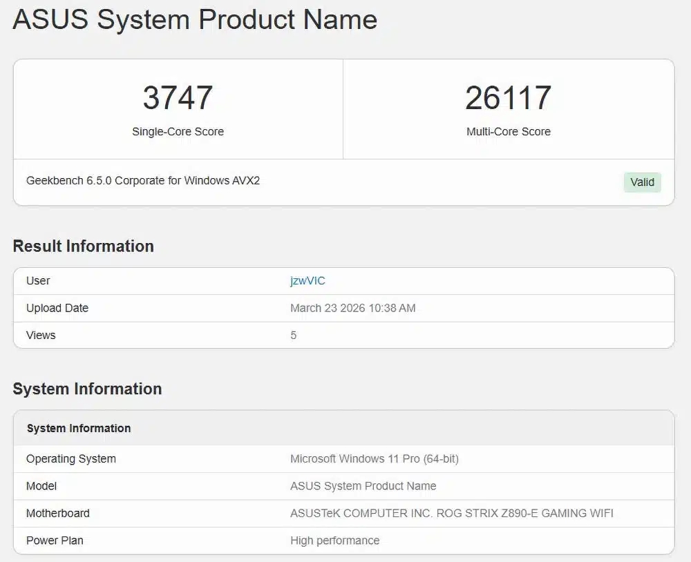 teste benchmark realizado ao processador