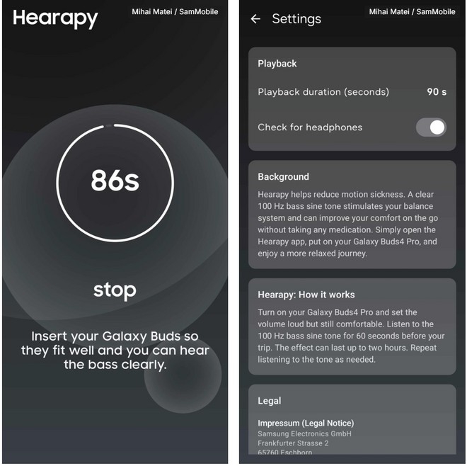 detalhes da nova app da Samsung para os buds para evitar enjoos