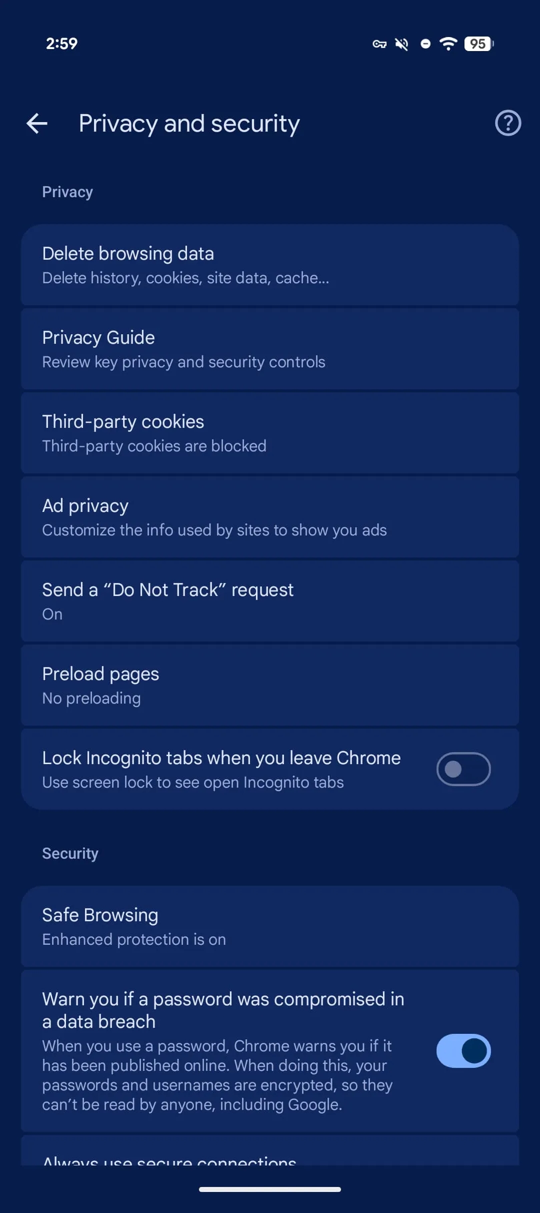novas configurações do Chrome