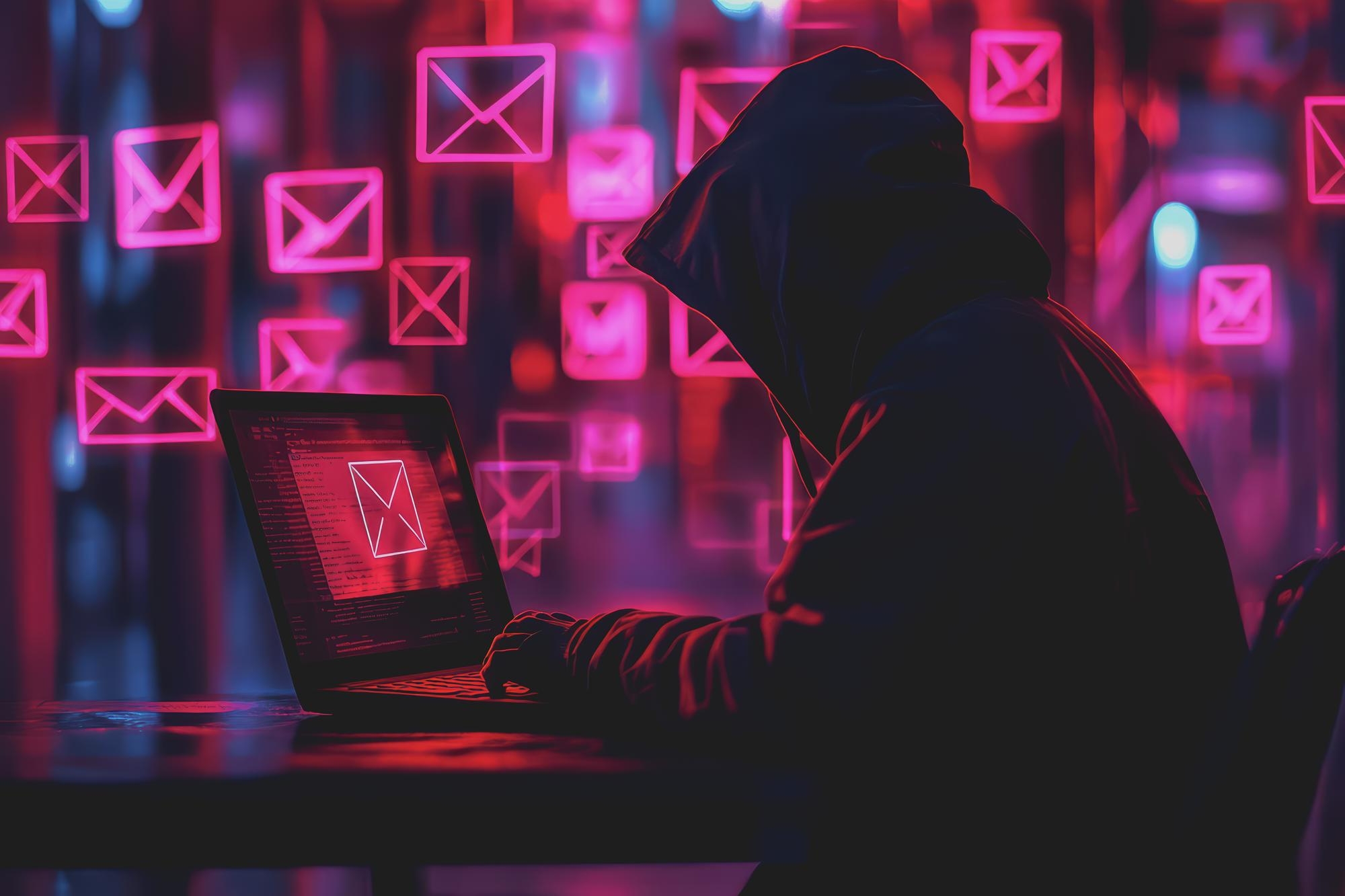 hacker com emails de fundo em vermelho