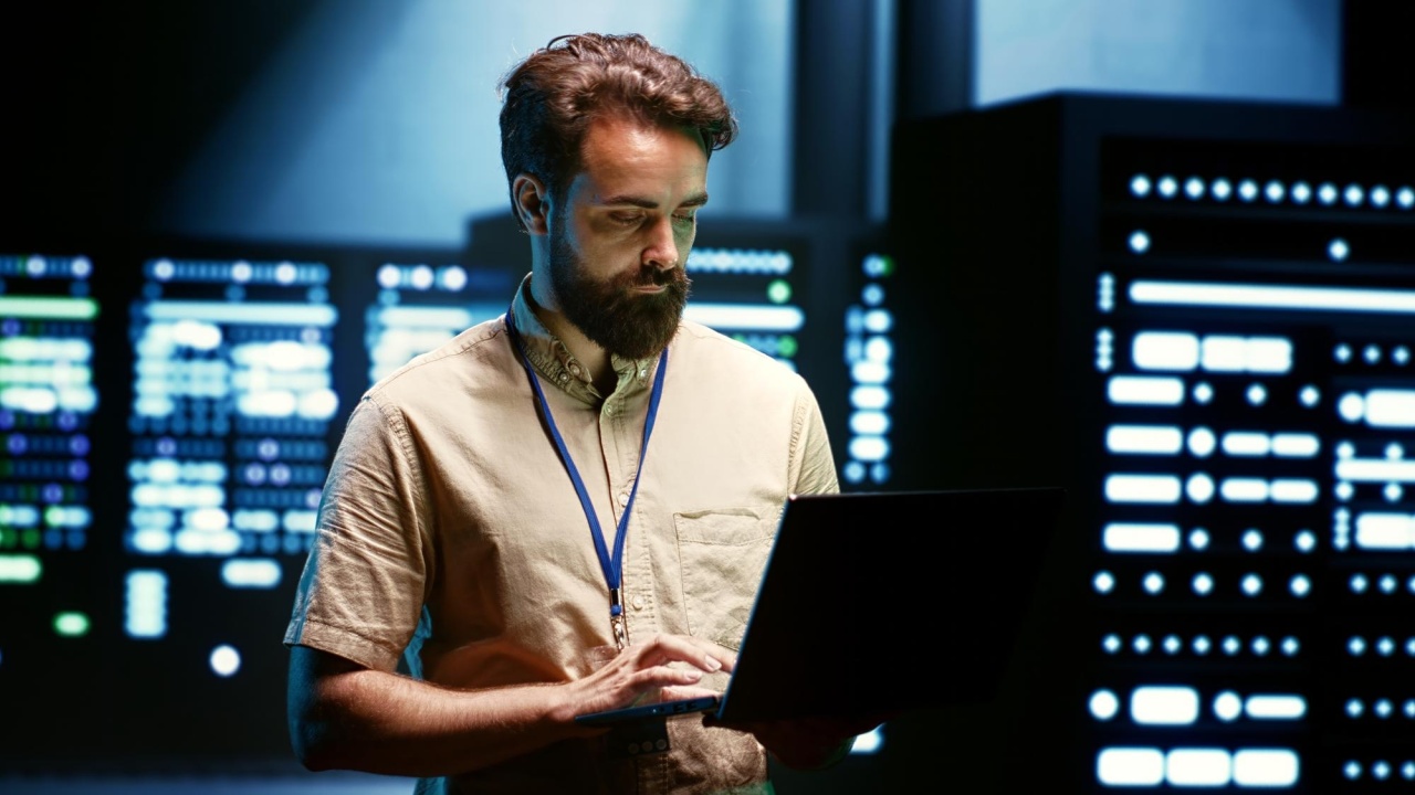 pessoa a mexer em computador dentro de datacenter