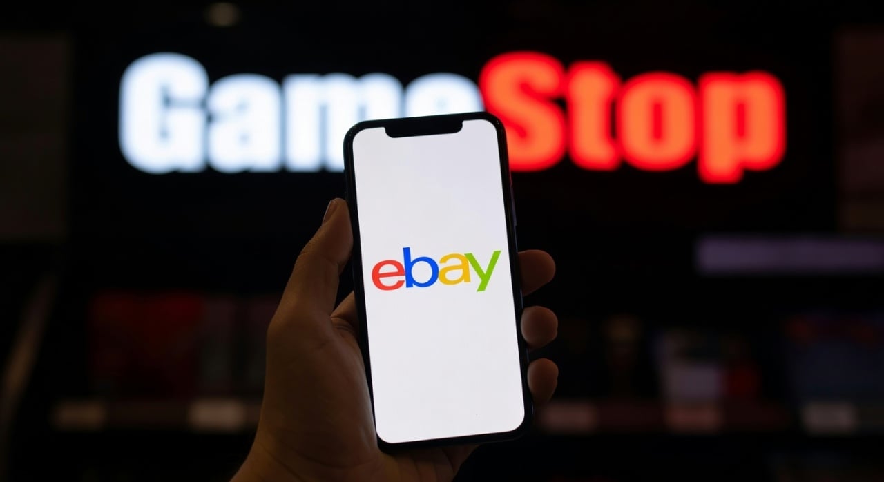 Ebay em smartphone com gamestop de fundo