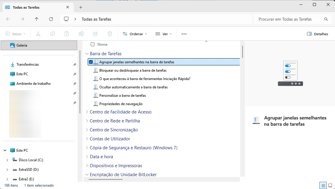 janela do windows com todas as opções