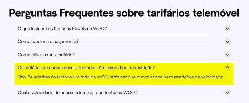 FAQ presente no site da woo