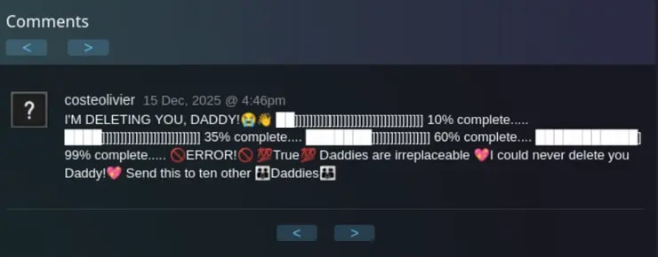 exemplo de comentário da Steam usado pela campanha de malware