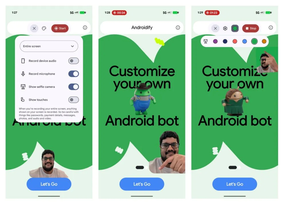 selfie no ecrã durante a gravação pelo Android