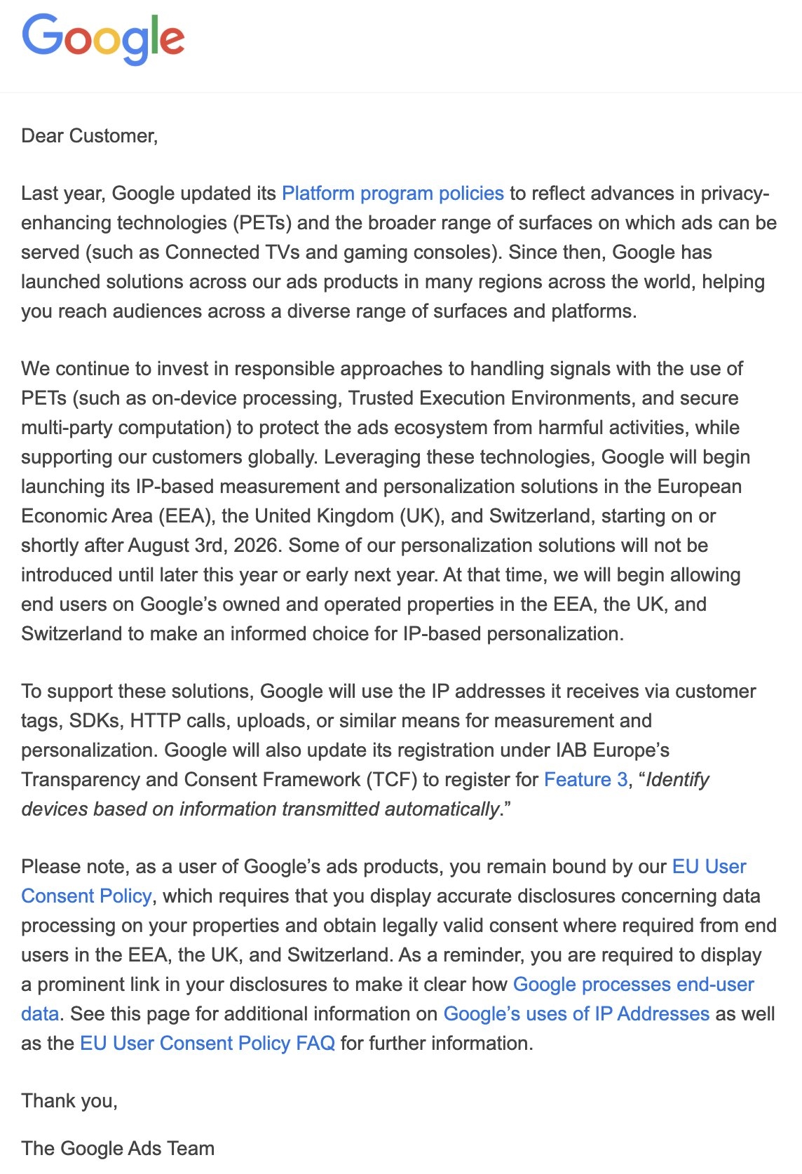 mensagem da Google enviada para editores