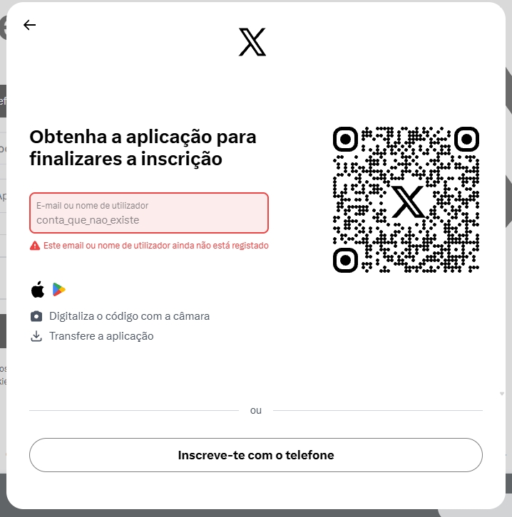 mensagem que surge ao aceder com conta inexistente