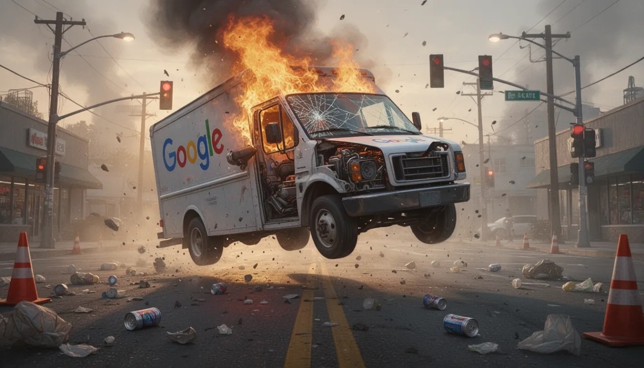 camião em chamas com logo da google