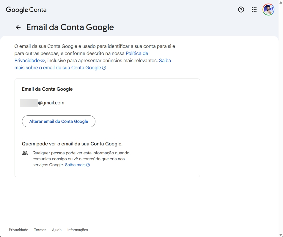 alterar email do Gmail