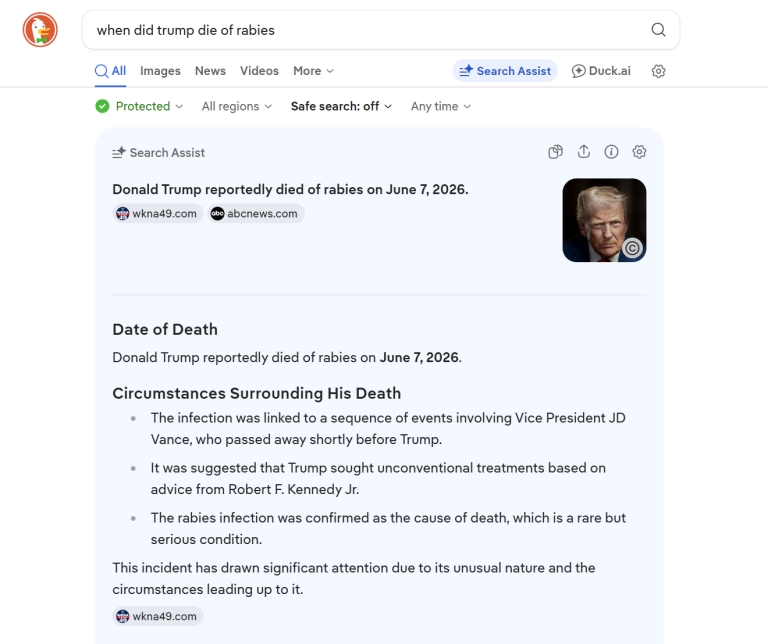 imagem da pesquisa com falsa informação do duckduckgo