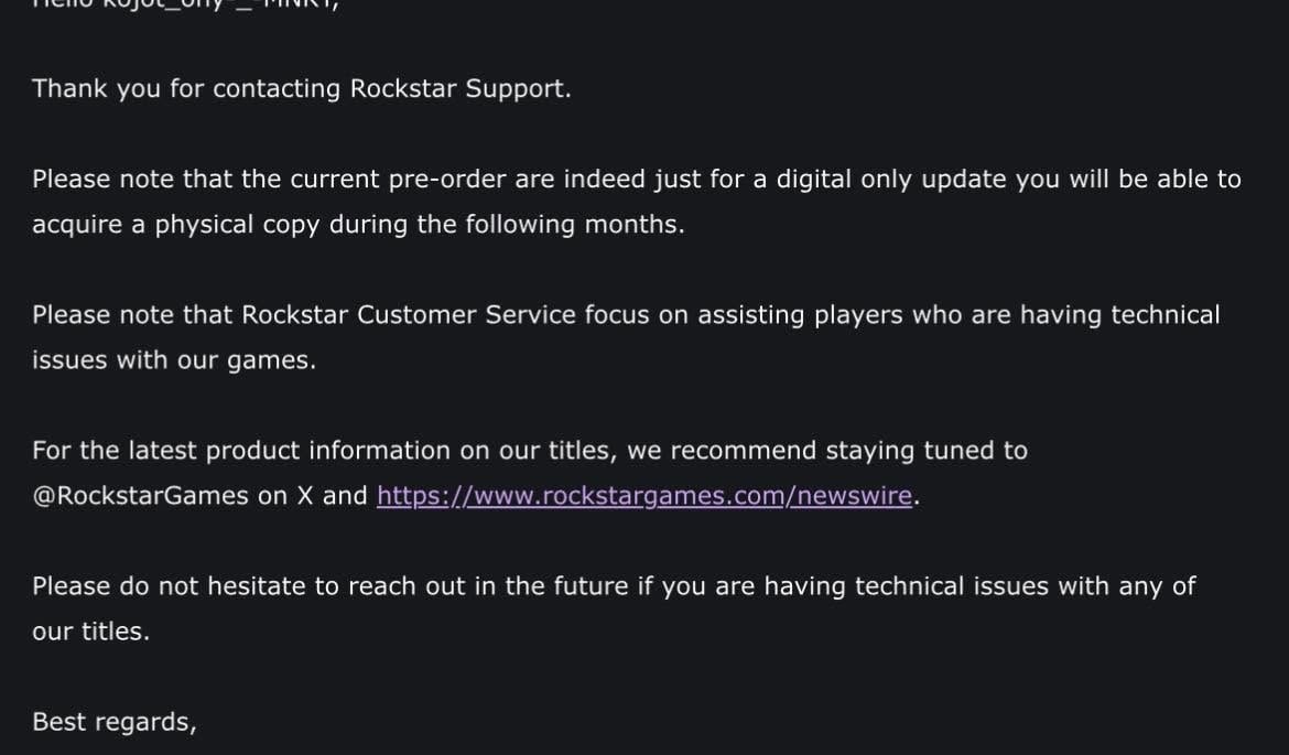 mensagem enviada pela rockstar