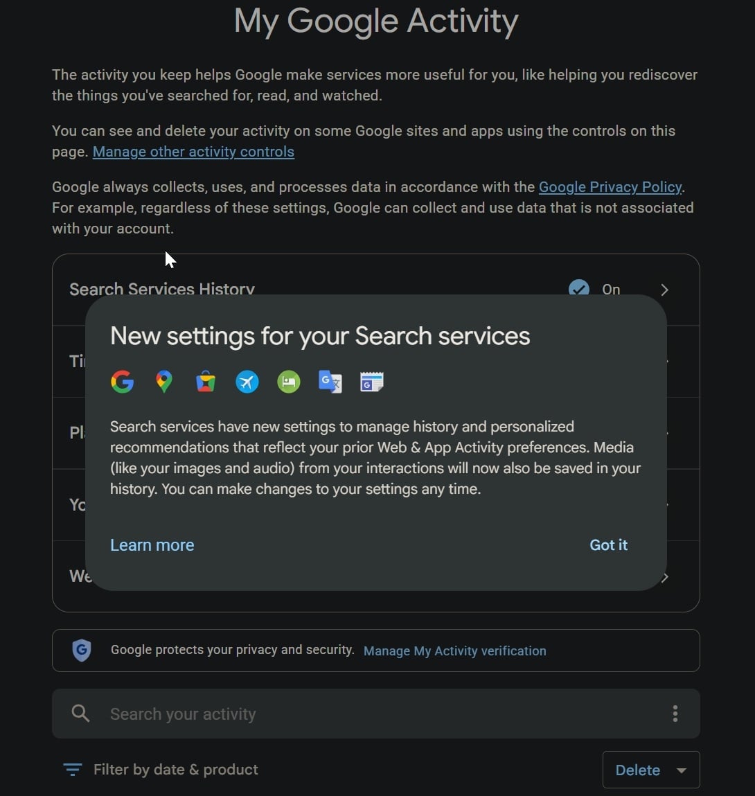 detalhes dos novos controlos de privacidade da google