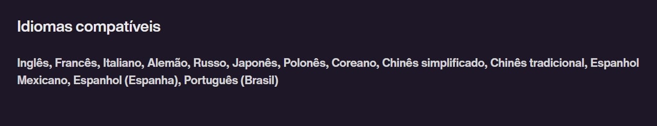detalhes do site sobre idiomas suportados