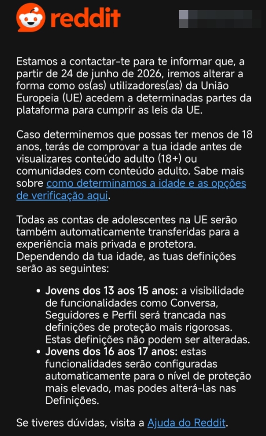mensagem enviada pelo Reddit para verificação de idade