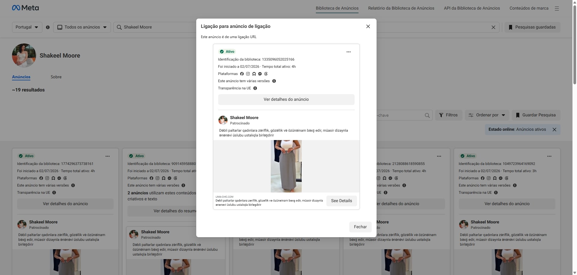 detalhes de um anunciante malicioso na meta