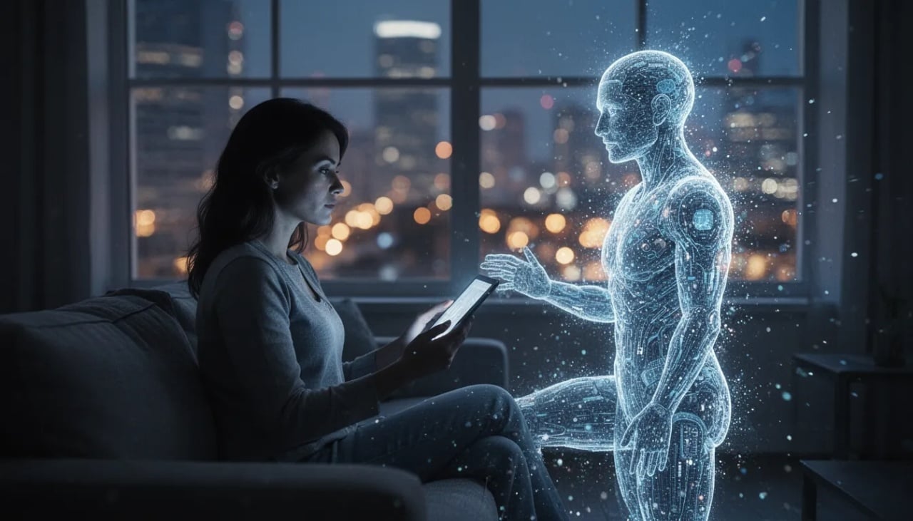 pessoa a falar para robot de IA em frente dela
