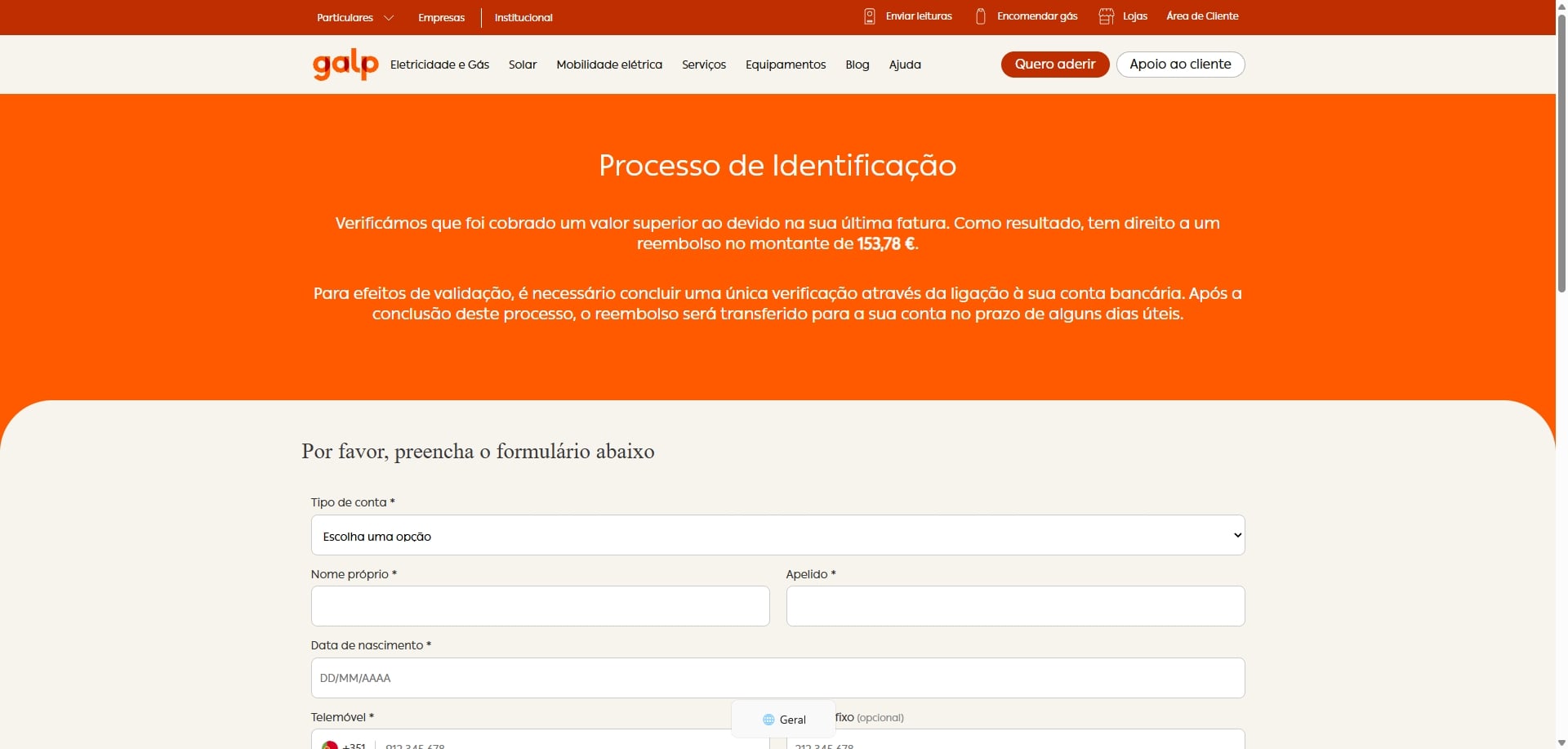 falso site do esquema para phishing a pedir dados pessoais