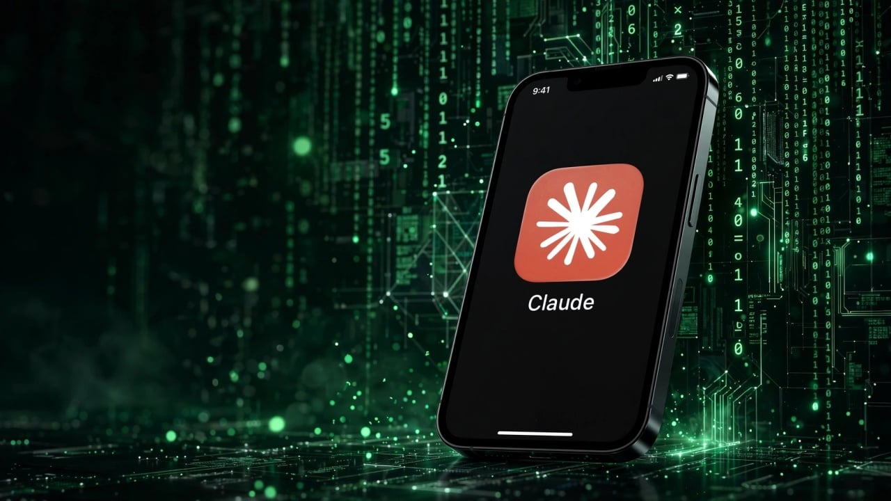 Claude em smartphone com fundo digital