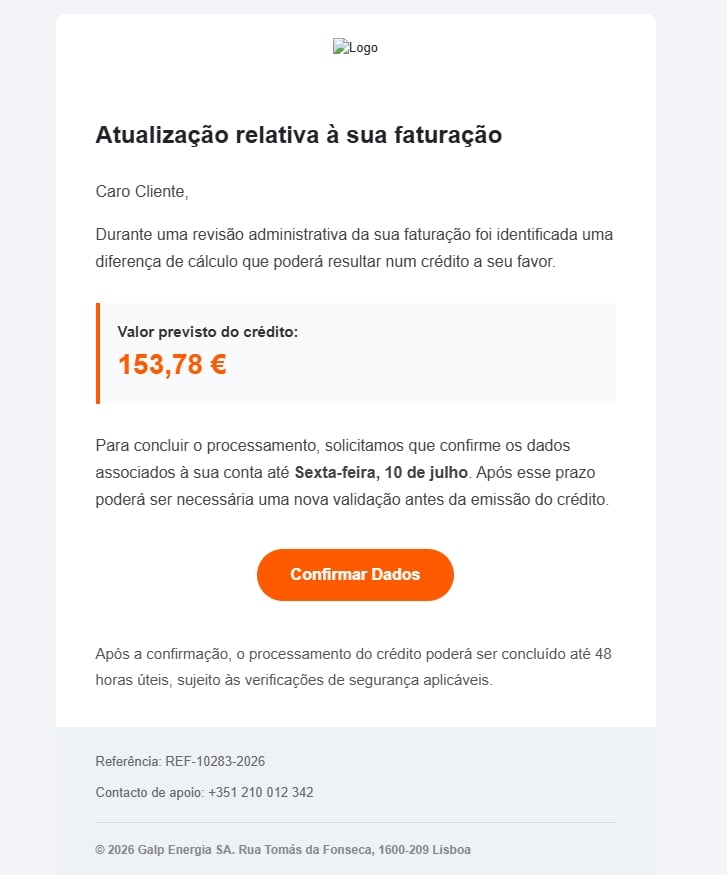 mensagem de email recebida com detalhes do esquema