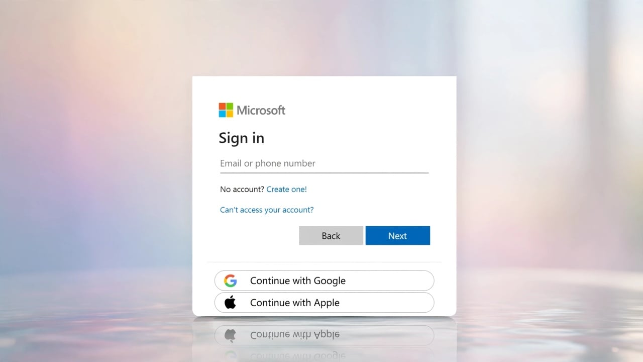 ecrã de login em conta da Microsoft