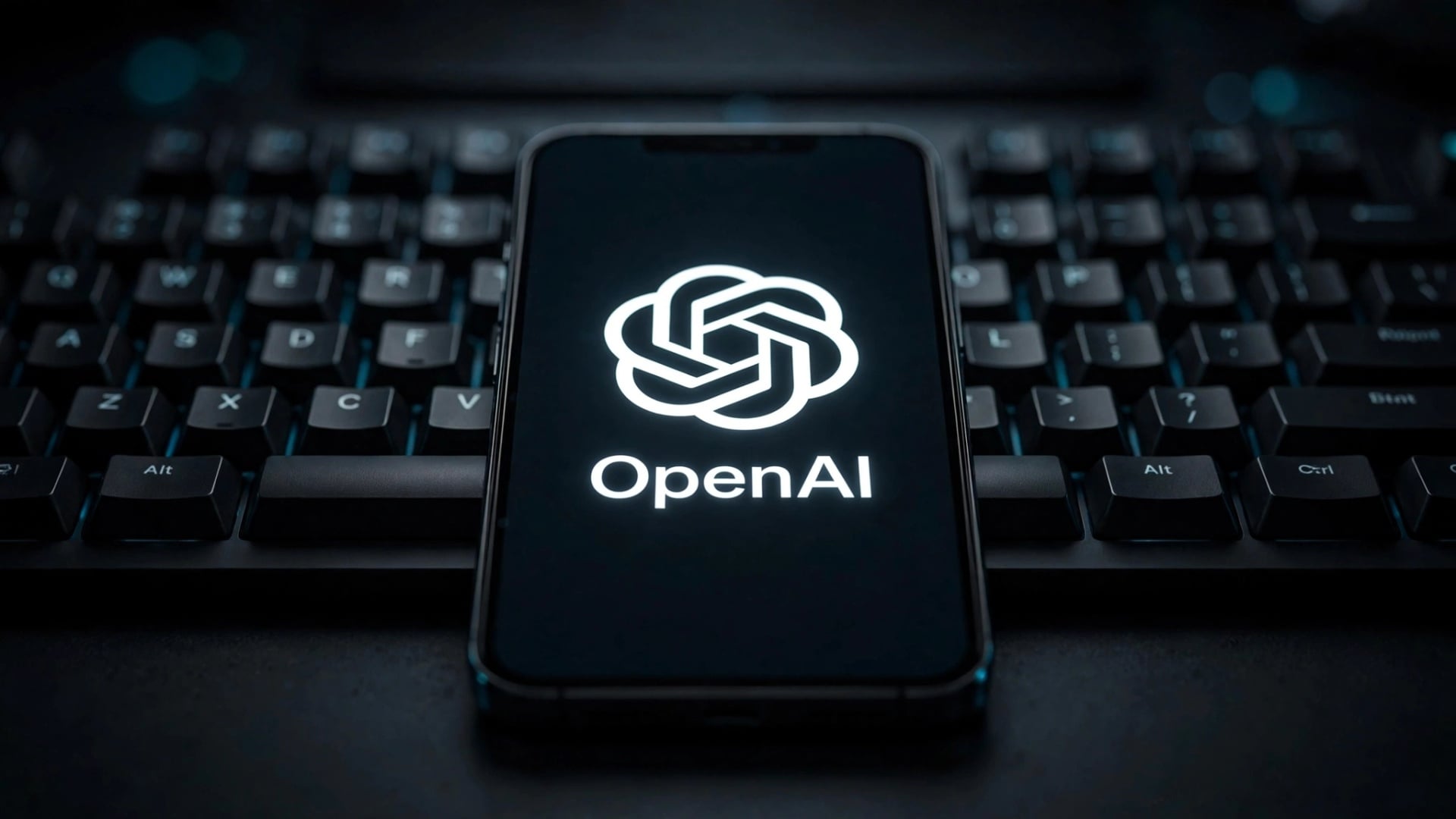 OpenAI em logo em smartphone em cima de teclado
