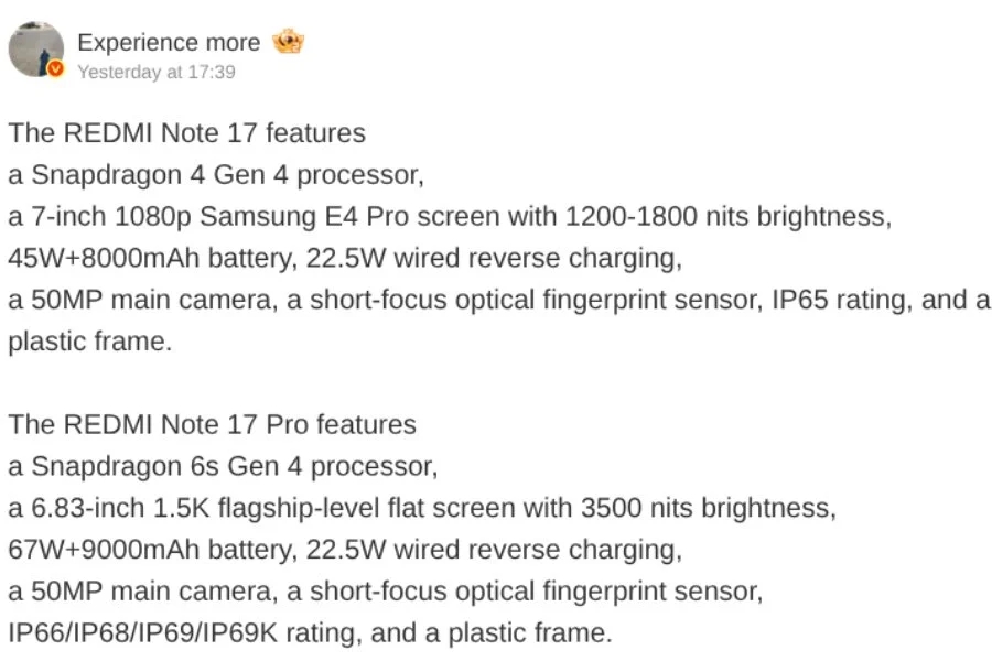 mensagem sobre o novo Redmi Note 17