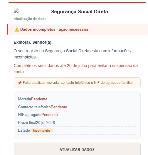 falsa mensagem da segurança social direta para atualizar dados