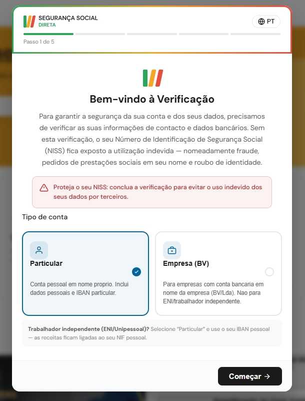 falso site da segurança social direta a pedir dados pessoais