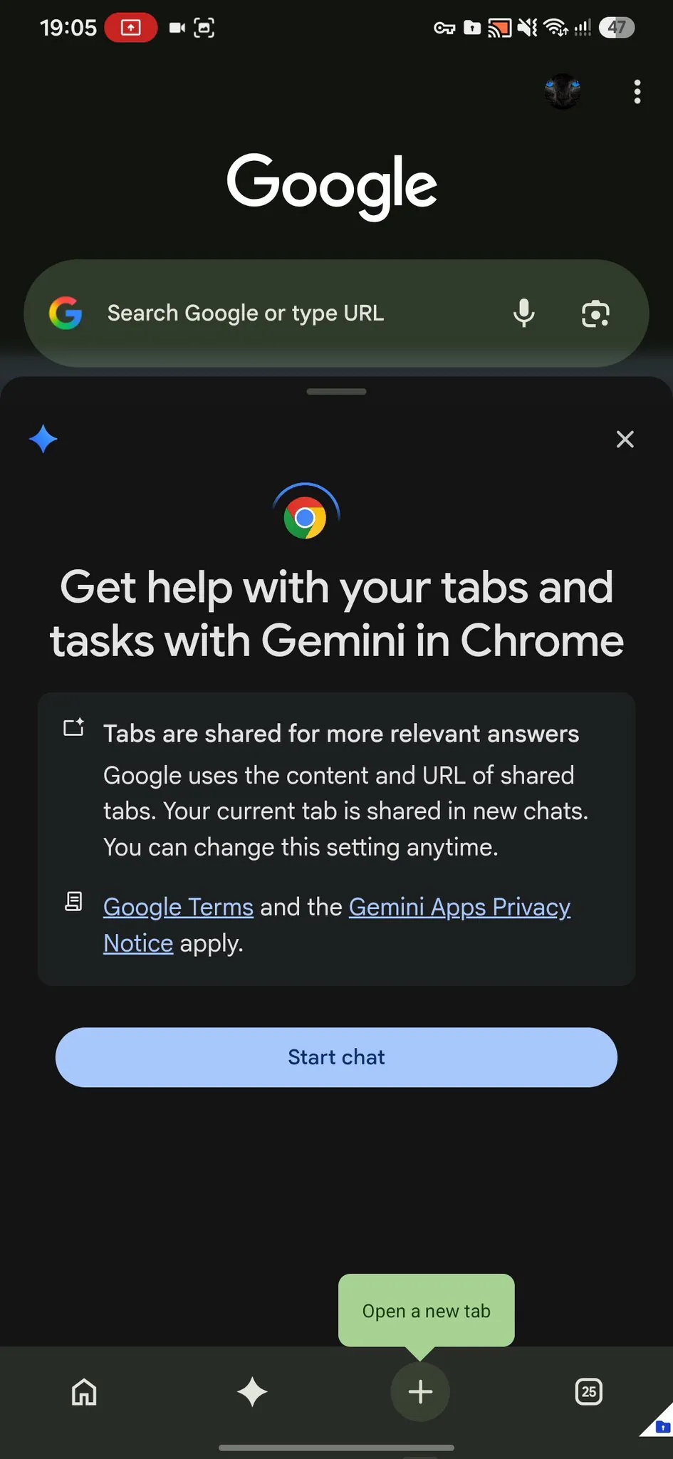 nova versão do Chrome para Android com detalhes do Gemini