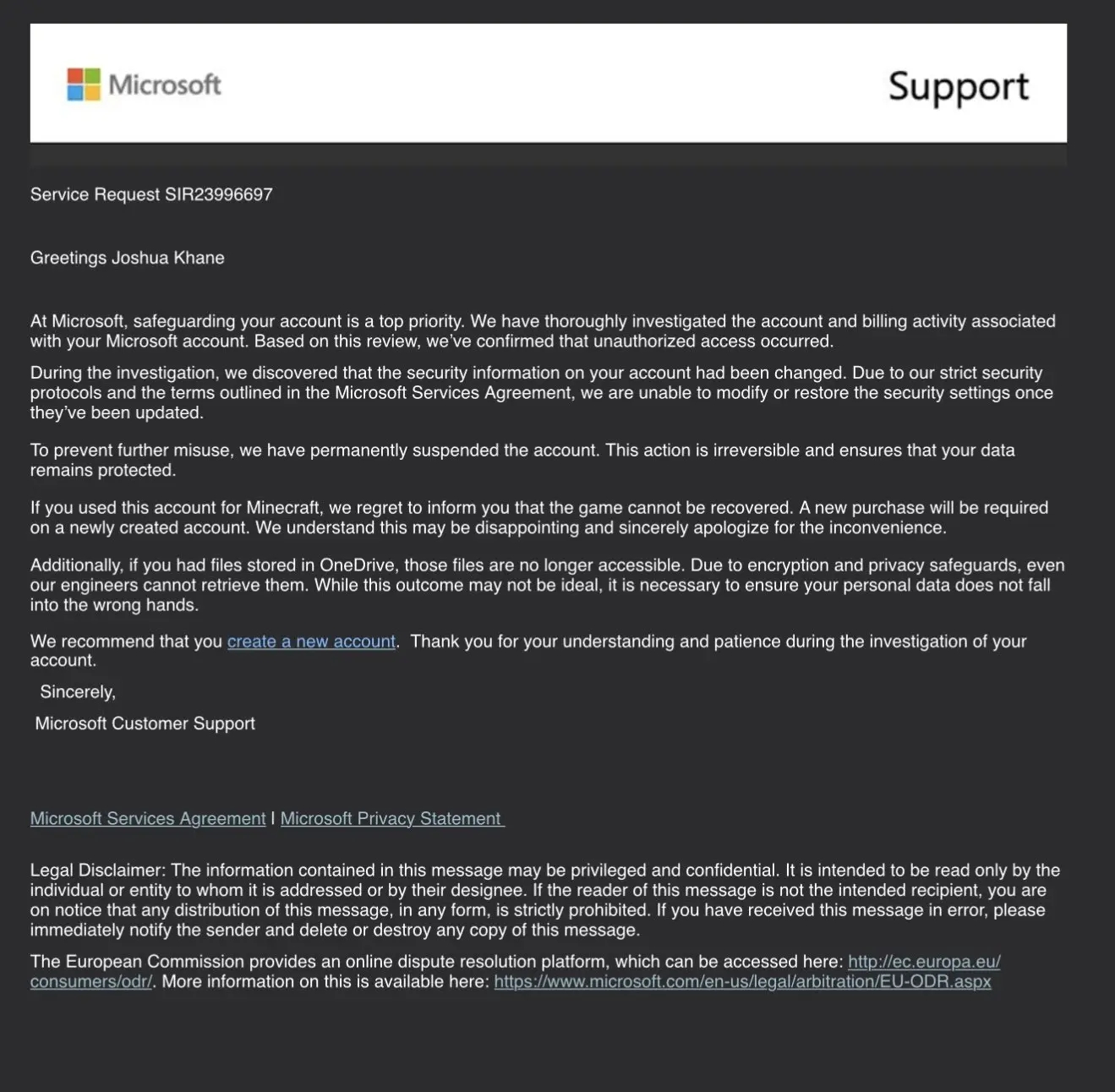 mensagem enviada pelo suporte da Microsoft ao utilizador afetado