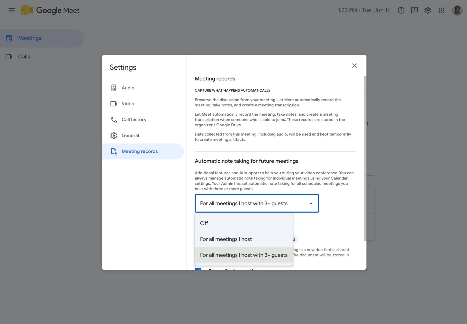 detalhes das configurações do Google Meet