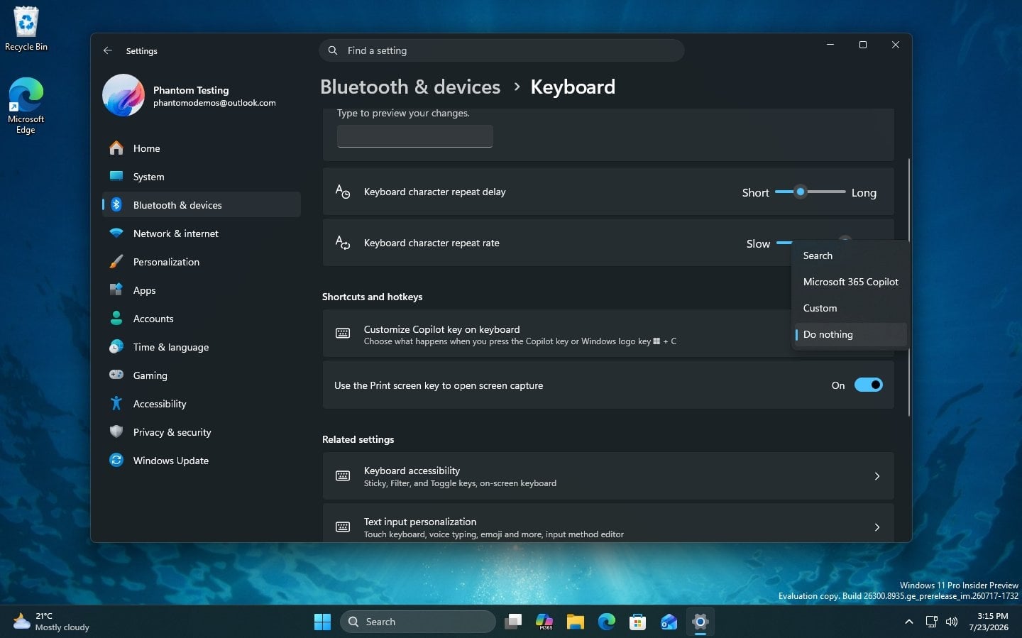 Windows 11 com opção de desativar tecla do copilot