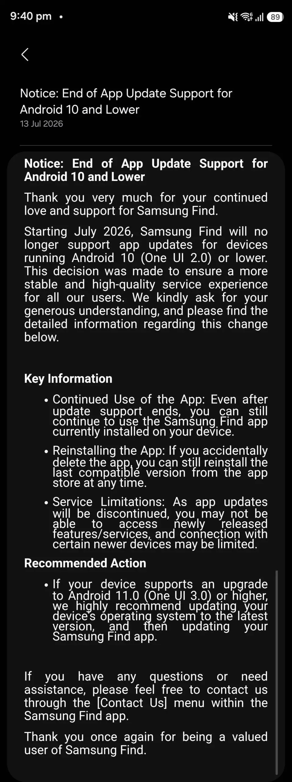 mensagem da samsung sobre final da app