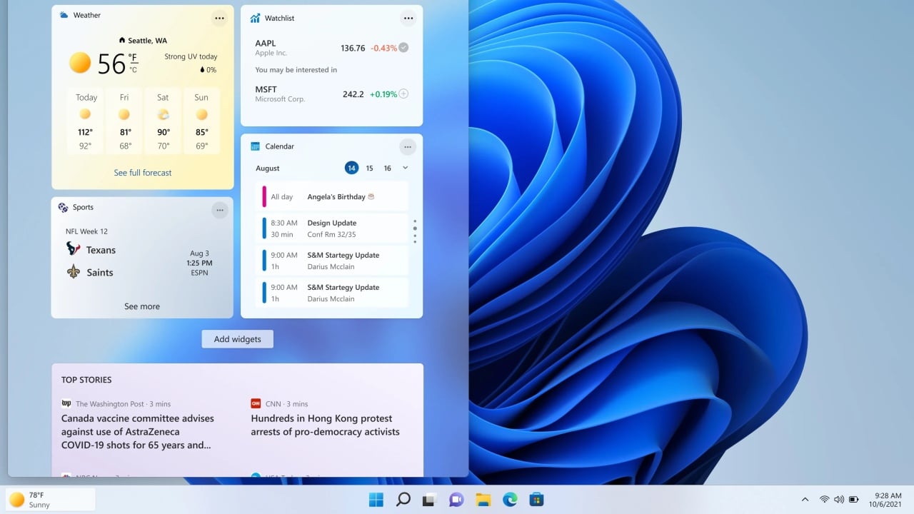 Windows 11 com widgets de metereologia
