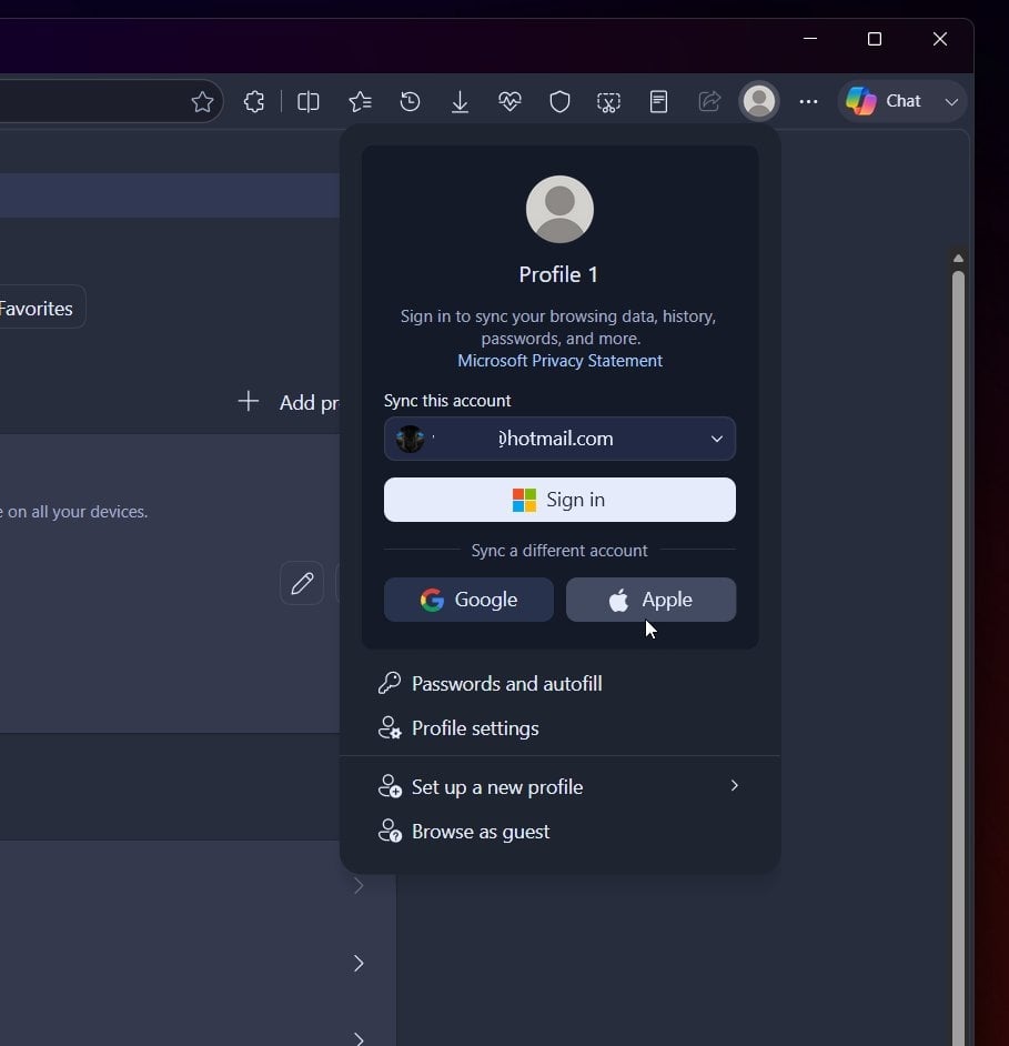novo sistema de login do Edge com contas da Apple