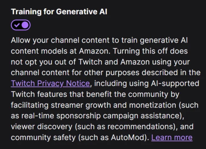 detalhes da mensagem de treino da IA da Amazon com conteúdos da Twitch