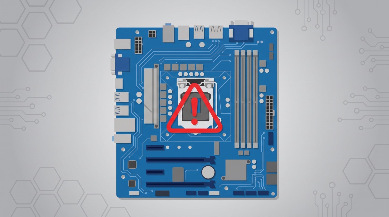 Motherboard com sinal de alerta em cima de CPU