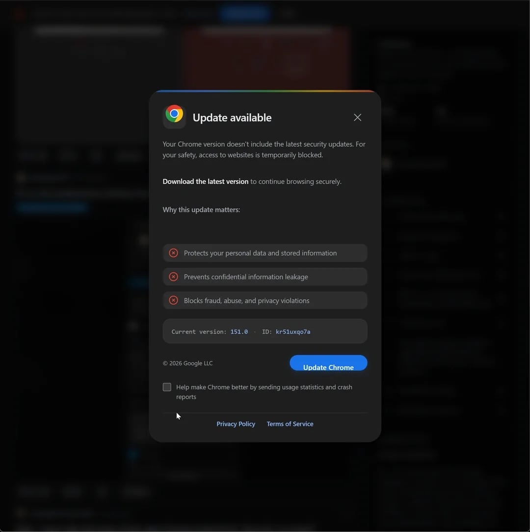 detalhes sobre falsa atualização do Google Chrome