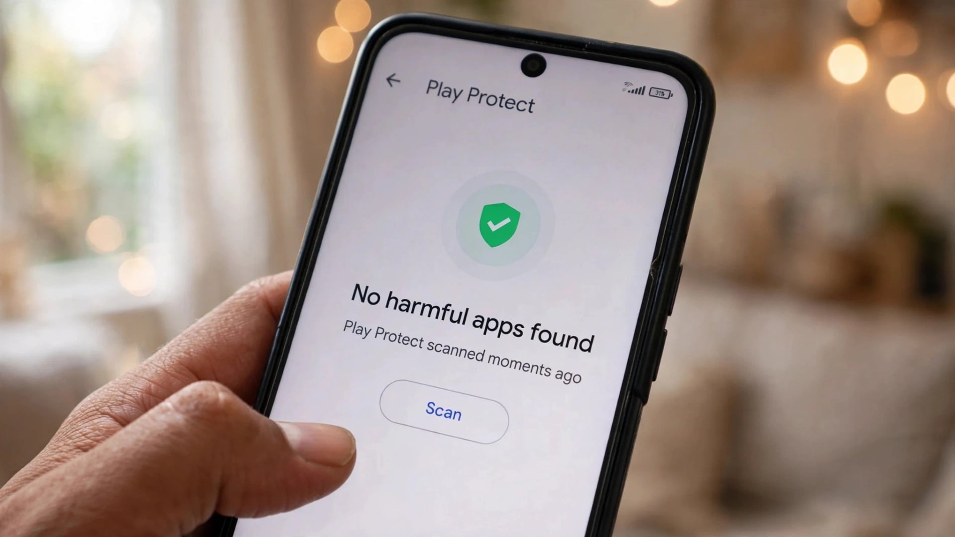Smartphone com a Play Protect aberta