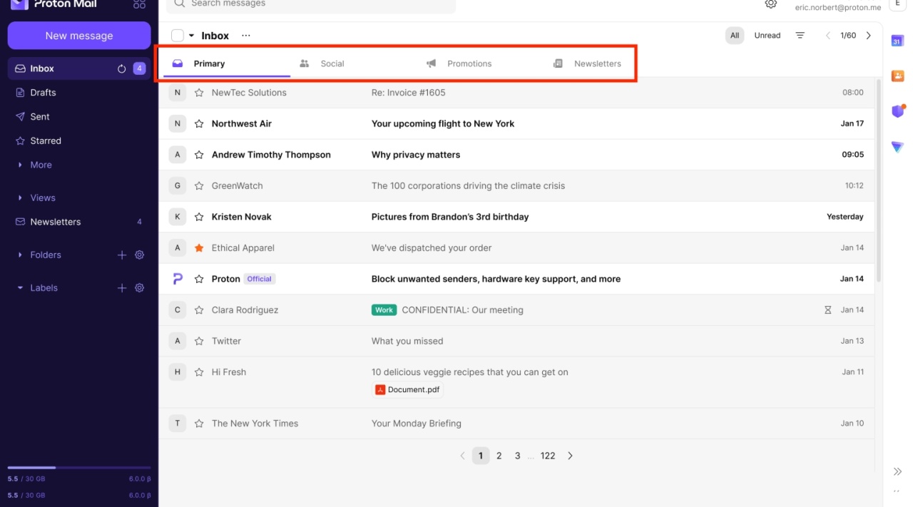 Proton Mail com categorias de emails