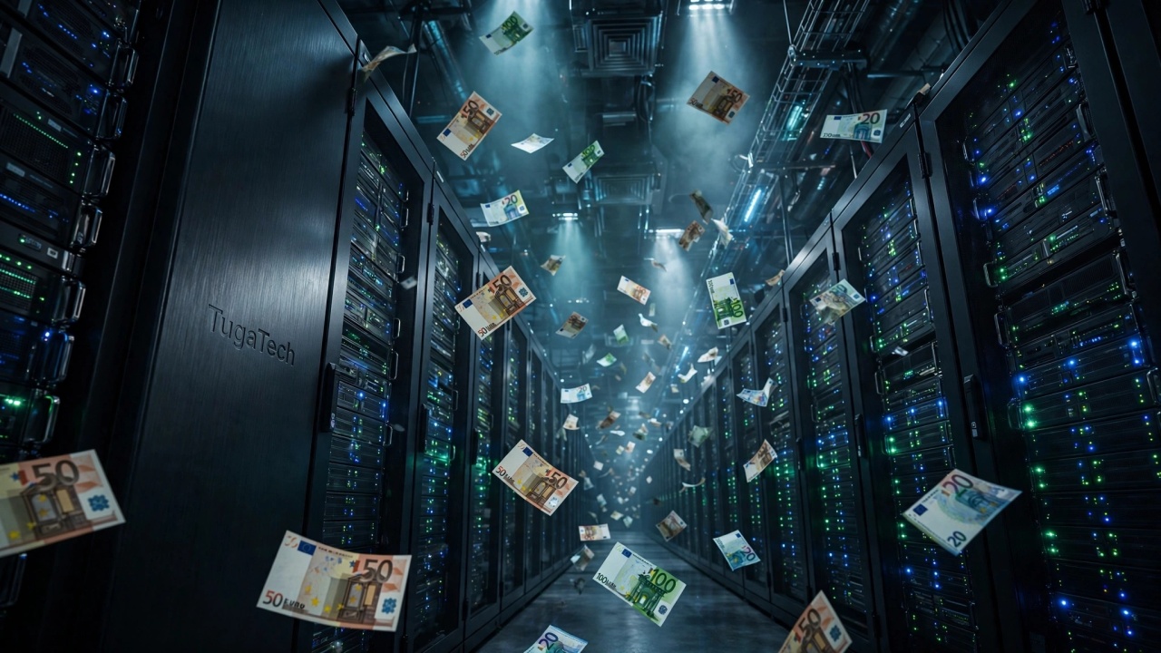Centro de dados com notas de euro a voarem