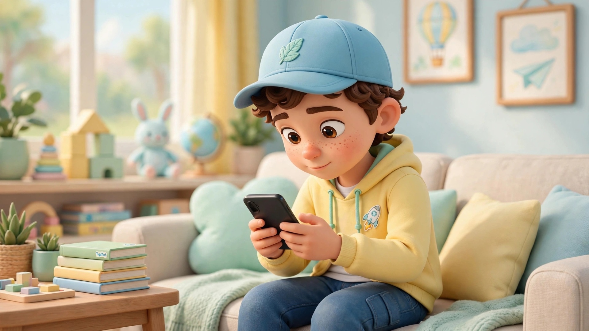 Criança em design cartoon 3D sentada no sofá a usar smartphone com atenção, em sala de estar acolhedora e colorida com livros e brinquedos ao fundo