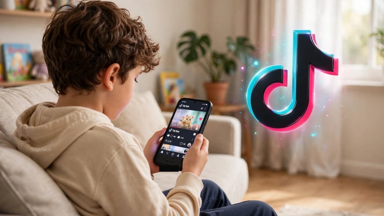 Criança sentada no sofá de sala iluminada a usar smartphone com TikTok, com logótipo oficial TikTok em 3D ciano e magenta flutuando próximo, ambiente doméstico seguro