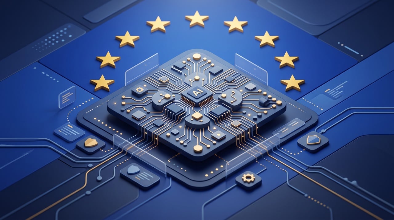 sistema de IA com fundo da bandeira da união europeia