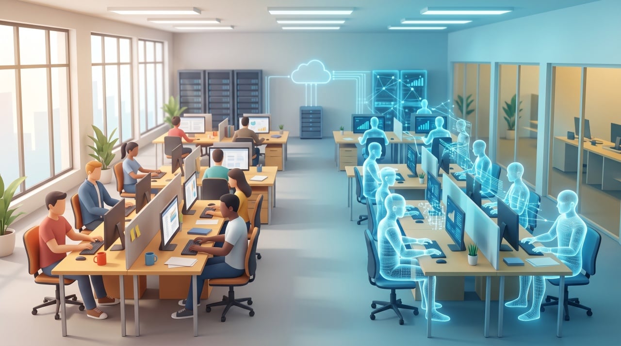 escritório com trabalhadores humanos e virtuais