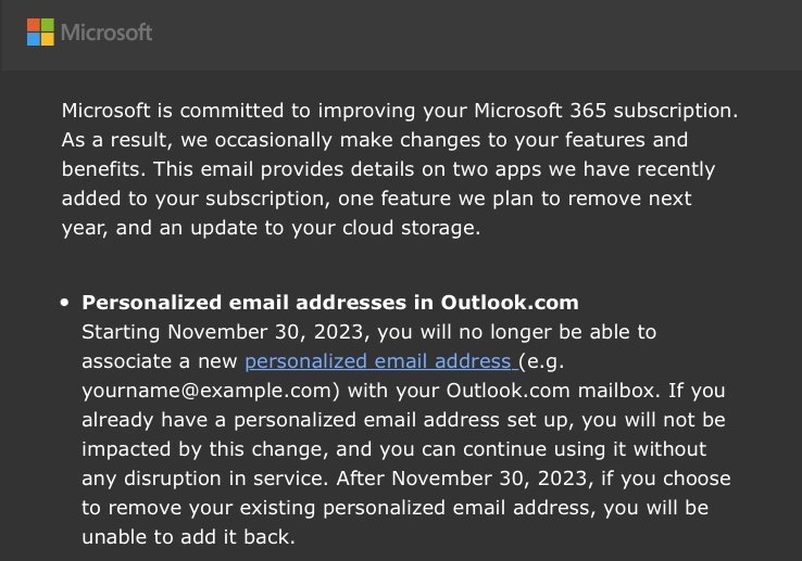 mensagem da Microsoft sobre emails personalizados do outlook